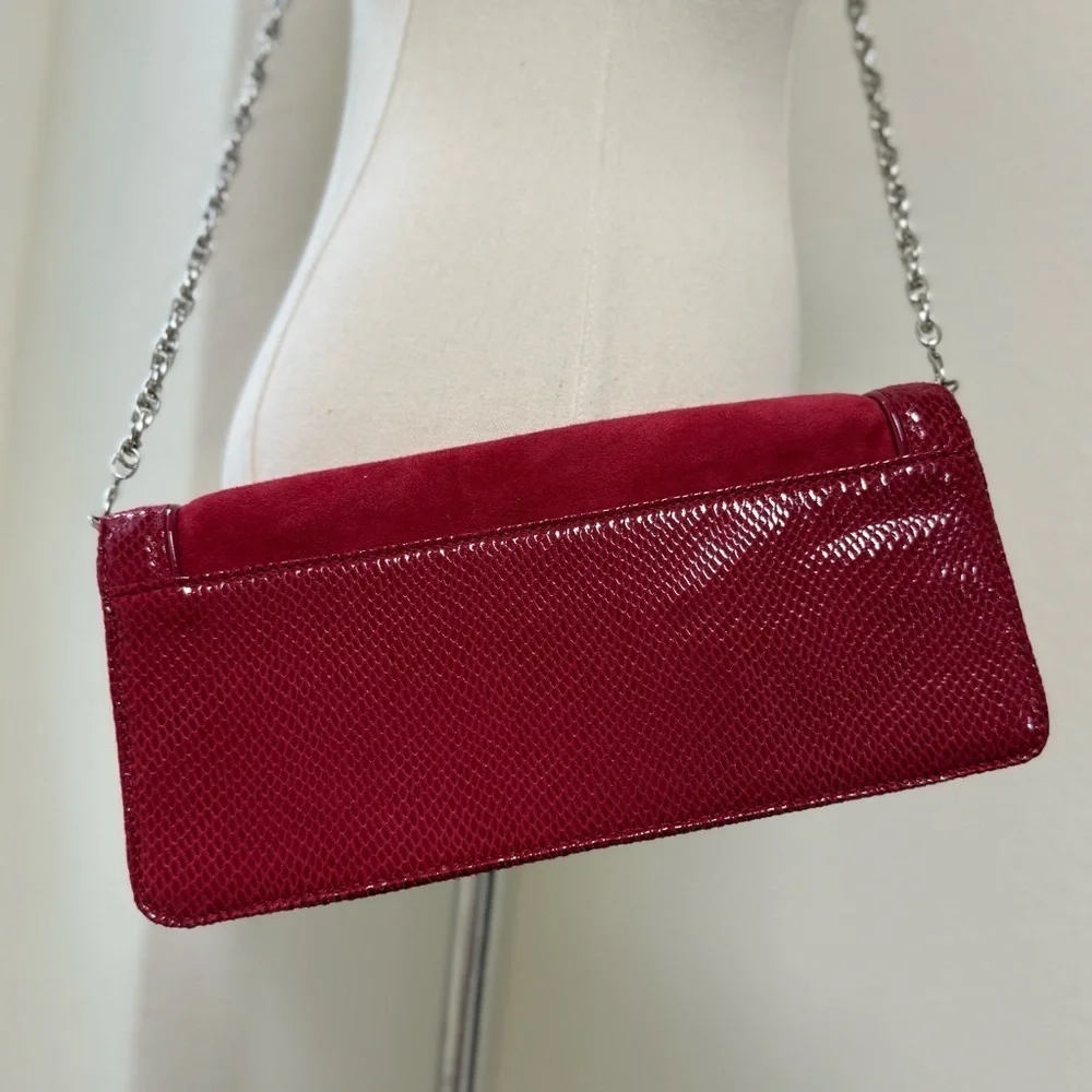 Brand New White House Black Market Burgundy and Silver Leather Crossbody Clutch